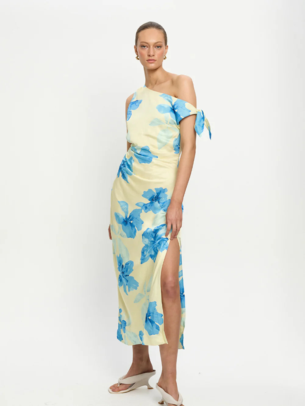 knee length dresses for ladies Luxurious Yellow/Blue Pixel Flowers Women's Midi Dress Yuliya Magdych 5XL / Yellow/Blue