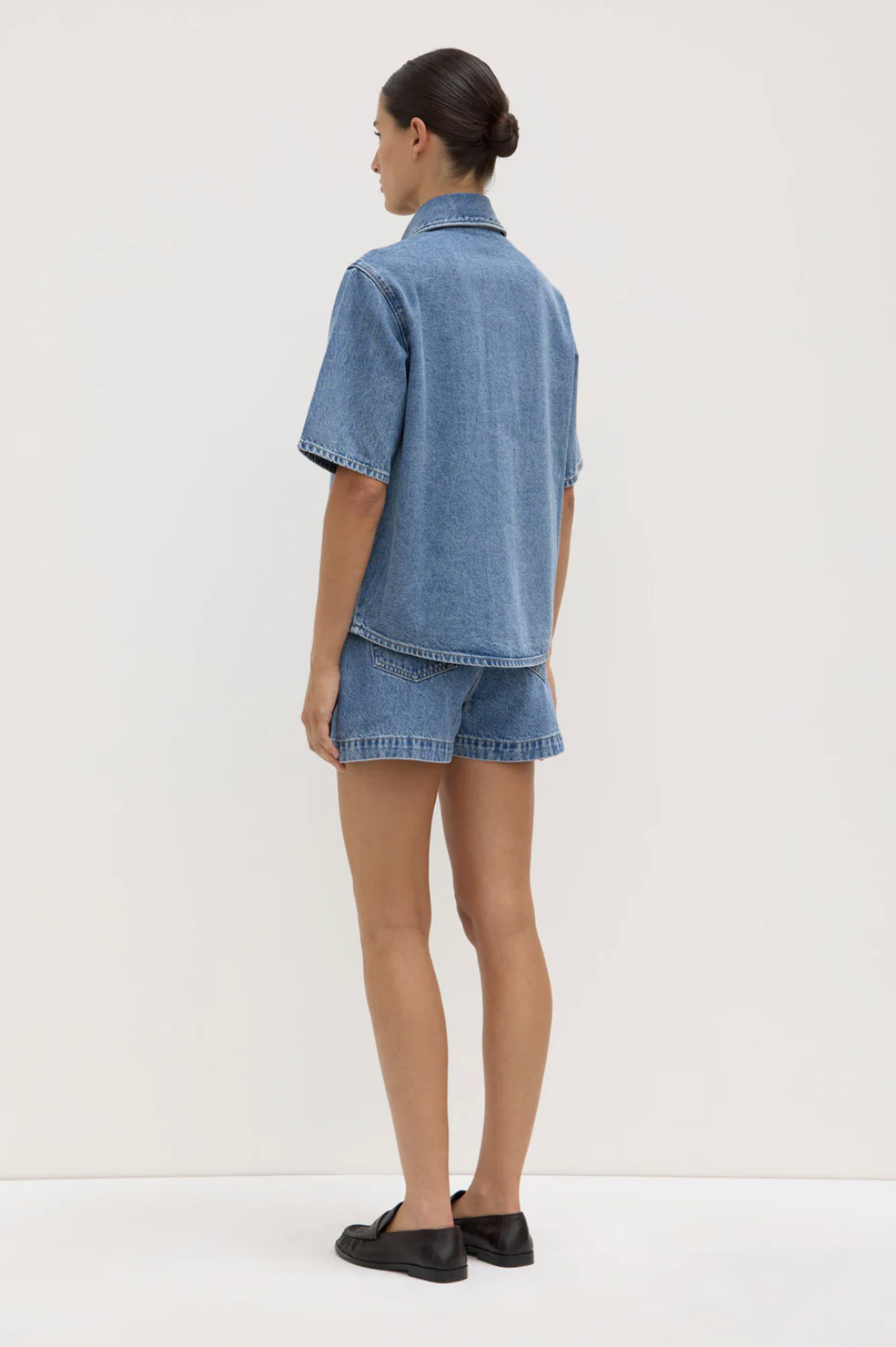 Boxy Denim Short Sleeve Shirt Dark Stone Assembly Label