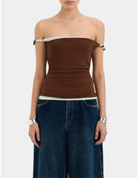 Elia Off Shoulder Twist Top - Chocolate Mint