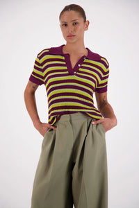 Amelia Stripe Knit Polo Top - Sage