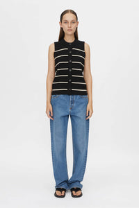 Gale Button Up Sleeveless Cardigan - Black & Beige Stripe