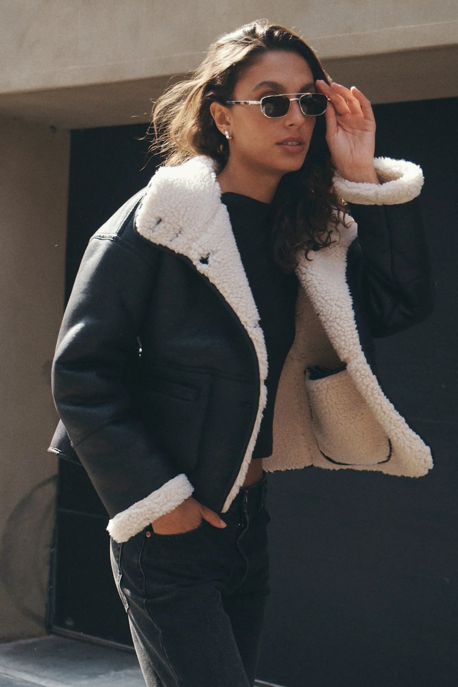 Faux Shearling Jacket - Black