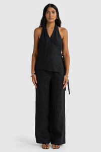 Elise Linen Wrap Top - Black