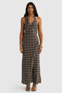 Elise Linen Wrap Full Length Dress - Carob Polkadot