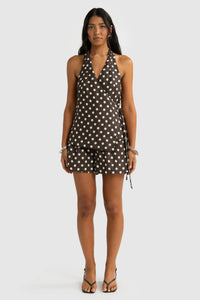 Elise Linen Wrap Top - Carob Polkadot