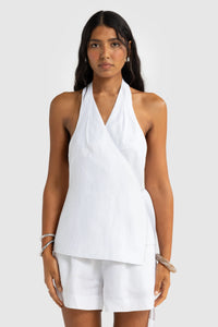 Elise Linen Wrap Top - White