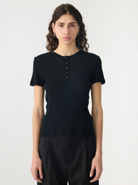 Sheer Rib Placket T-Shirt - Black