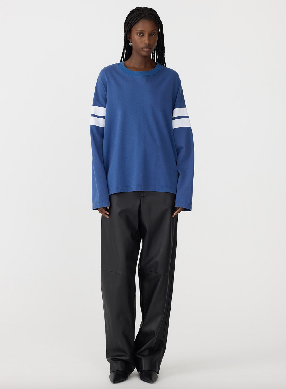 Boxy Rib Insert LS T-Shirt - Marine Blue / White