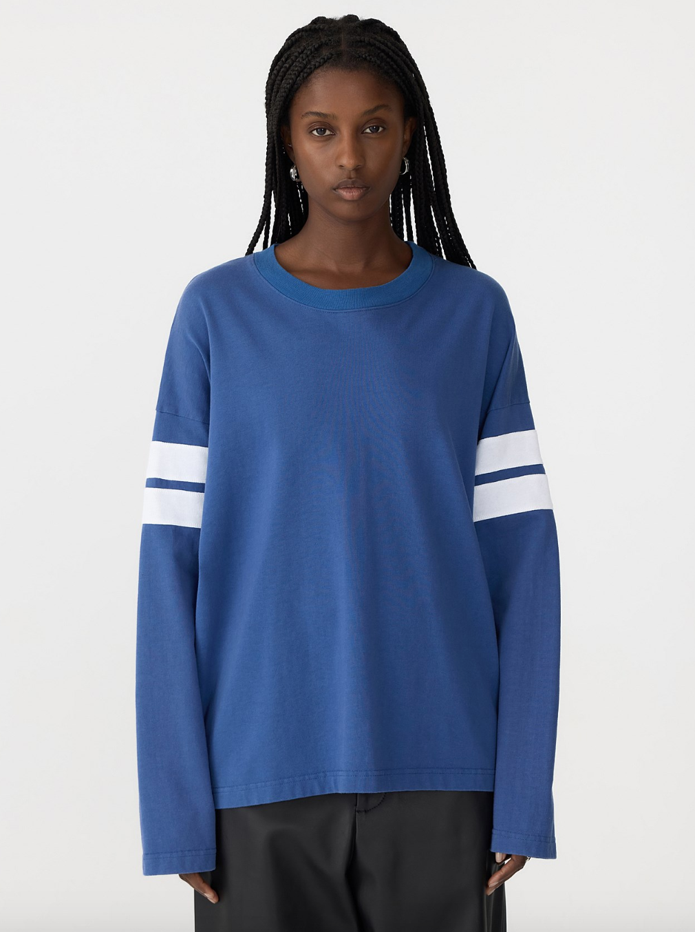 Boxy Rib Insert LS T-Shirt - Marine Blue / White