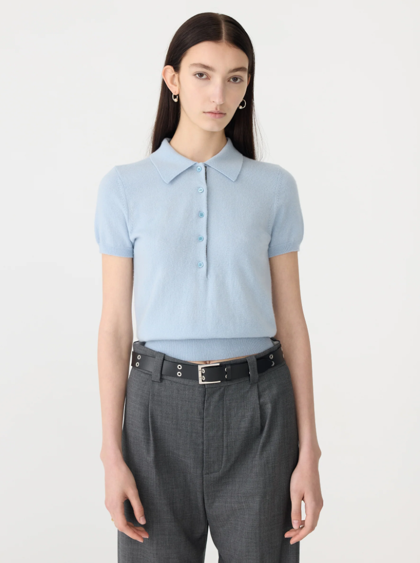 Wool Cashmere Slim Fit Polo - Pale Blue / Charcoal