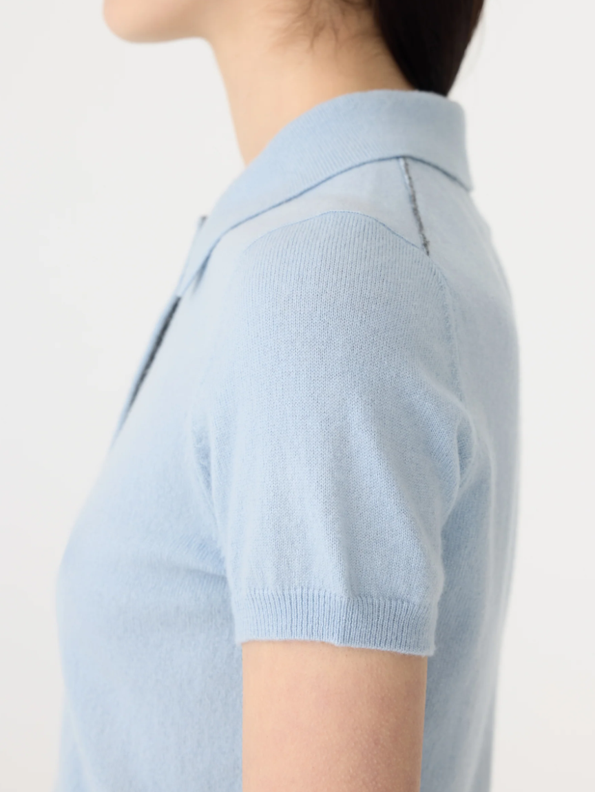 Wool Cashmere Slim Fit Polo - Pale Blue / Charcoal