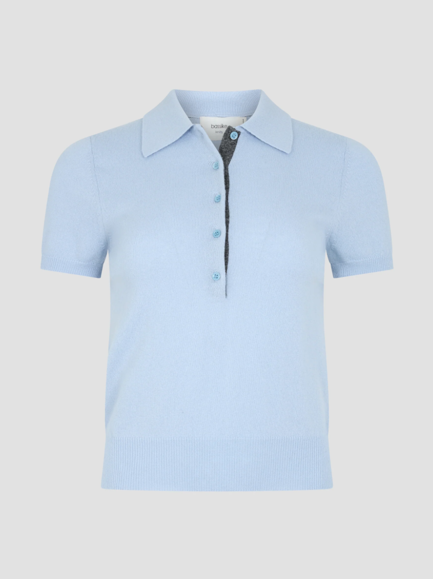 Wool Cashmere Slim Fit Polo - Pale Blue / Charcoal