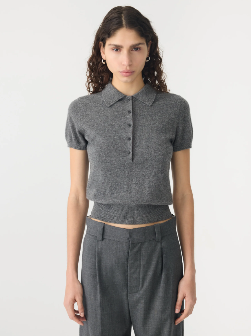 Wool Cashmere Slim Fit Polo - Dark Charcoal / Red