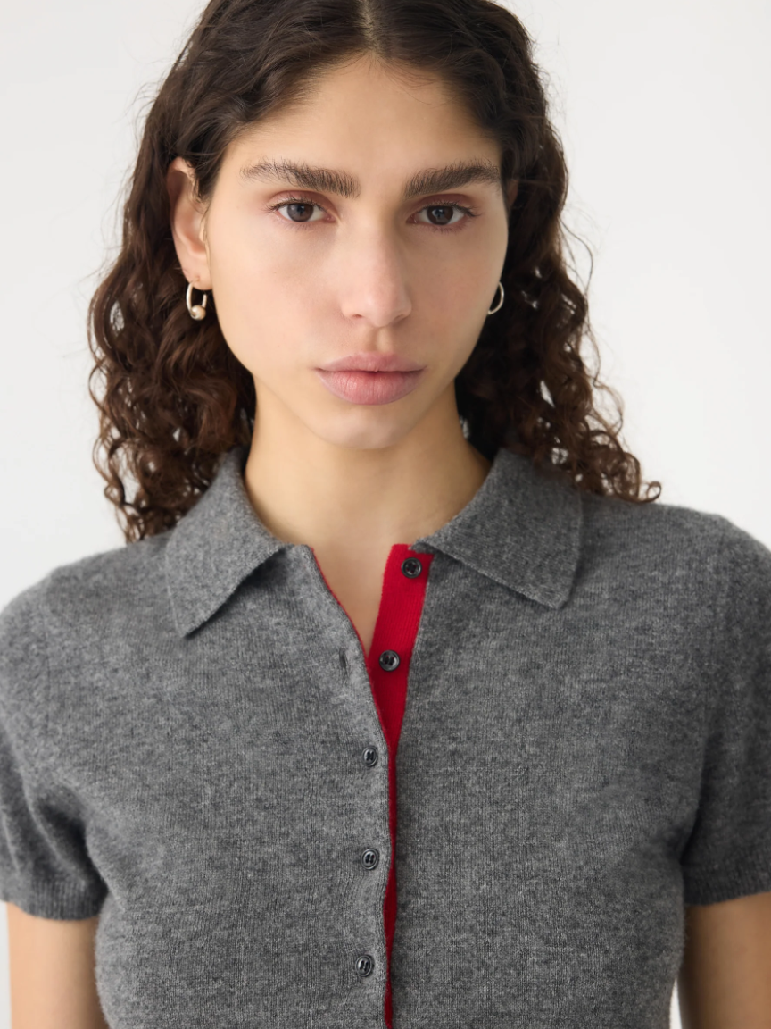 Wool Cashmere Slim Fit Polo - Dark Charcoal / Red