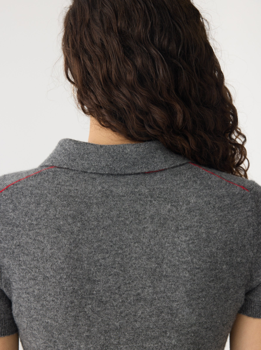 Wool Cashmere Slim Fit Polo - Dark Charcoal / Red