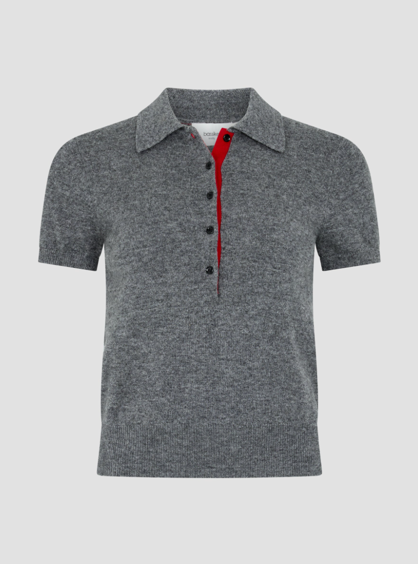 Wool Cashmere Slim Fit Polo - Dark Charcoal / Red