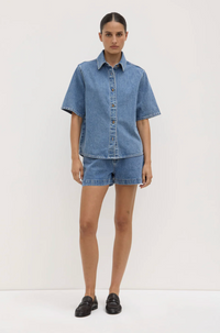 Boxy Denim Short Sleeve Shirt - Dark Stone