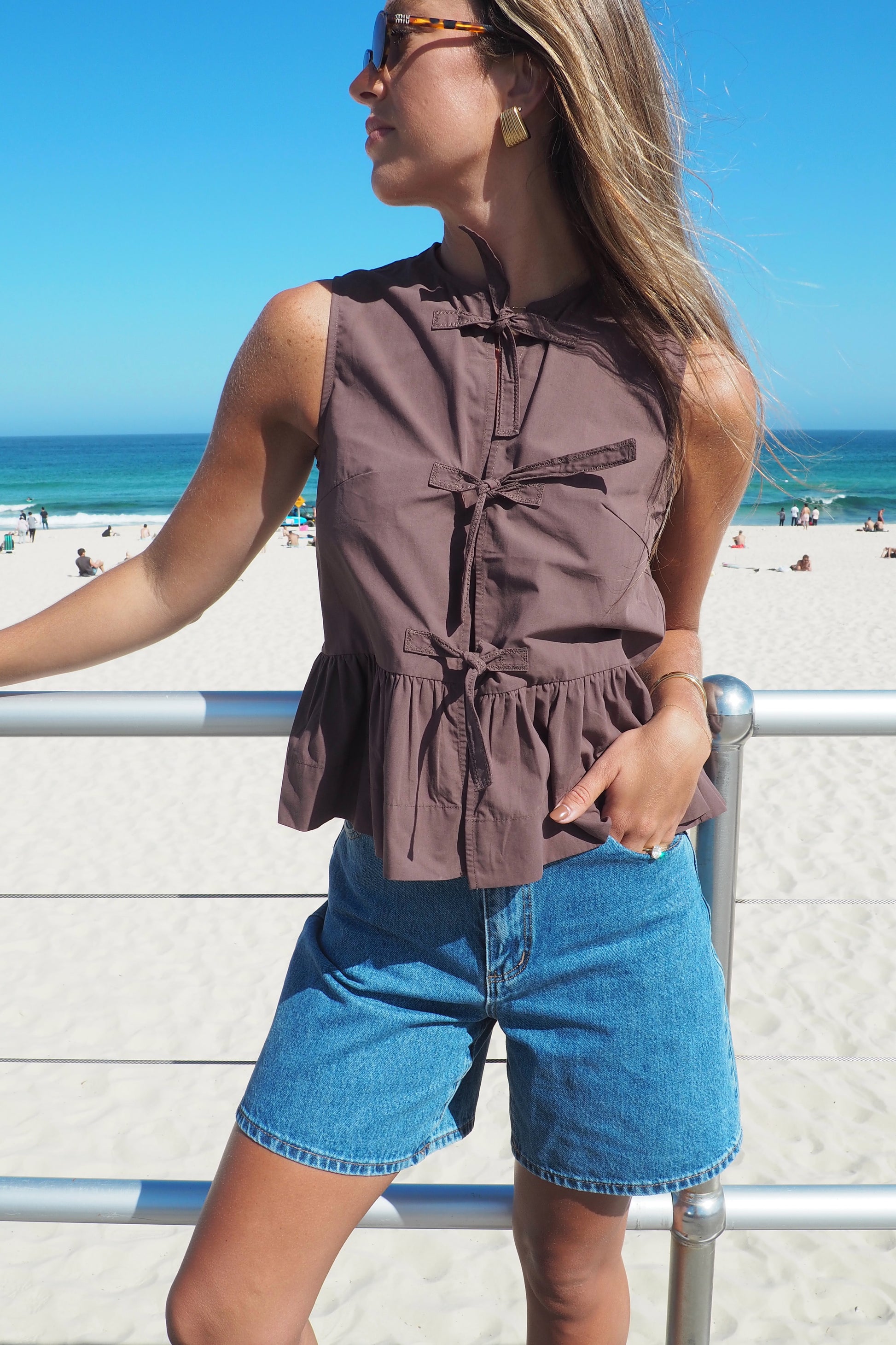 Byron Poplin Tie Top - Chocolate
