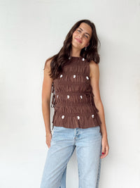 Choc Polka Dot Ruched Side Tie Top