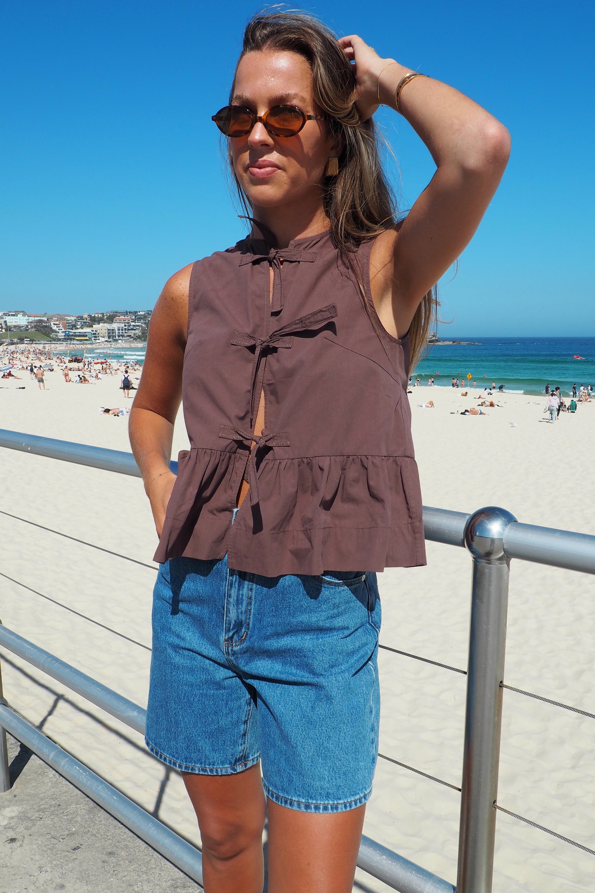 Byron Poplin Tie Top - Chocolate