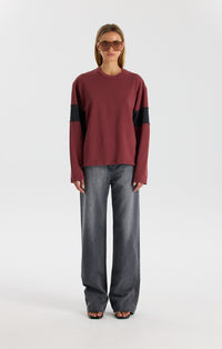 Raw Stripe Terry L/S T-Shirt - Crimson Marl/Black