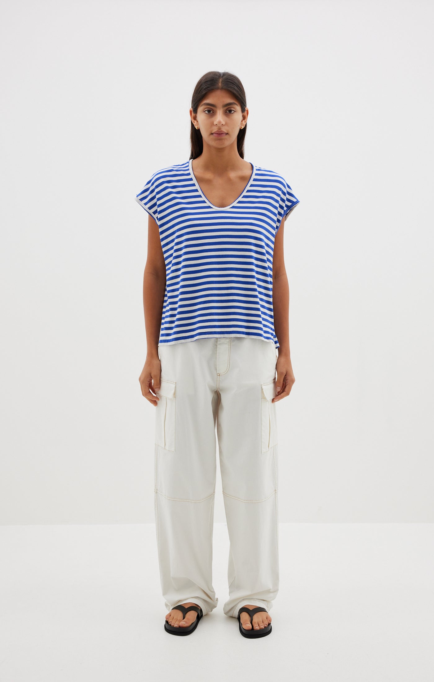 Stripe Scoop Neck Tank - Natural/Cobalt